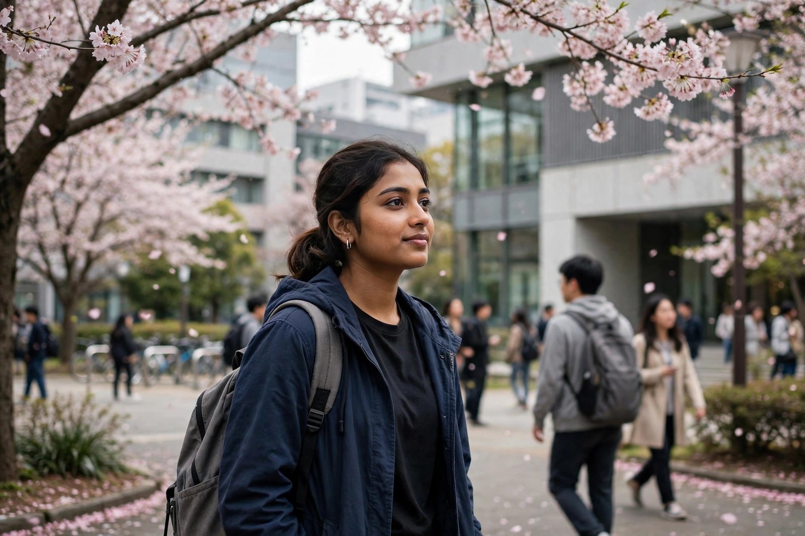 Bangladeshi student on a Japanese university campus in spring with cherry blossoms