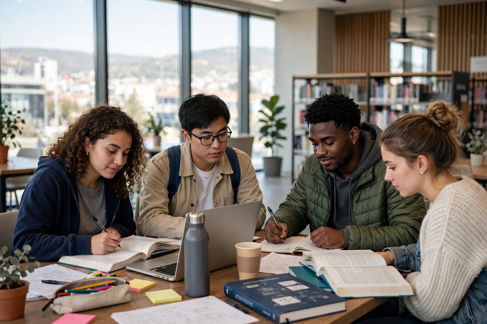 International scholarship students studying together in a university library in Turkey