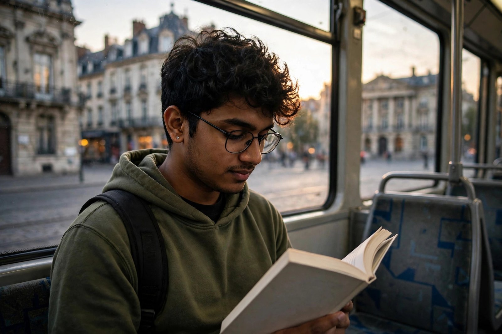 Bangladeshi student travelling by tram through a European city while studying abroad