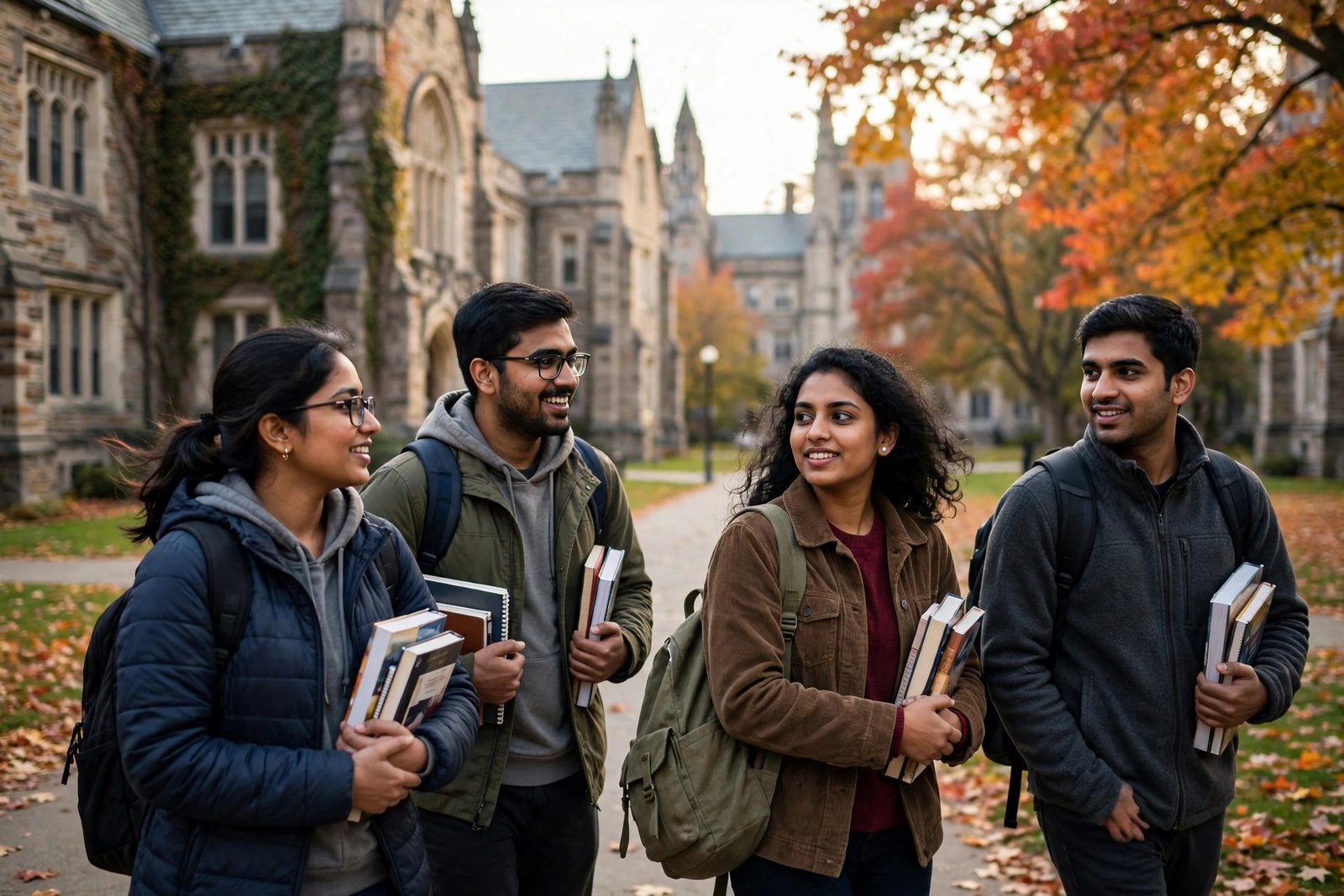 Indian graduate students walking across an American university campus