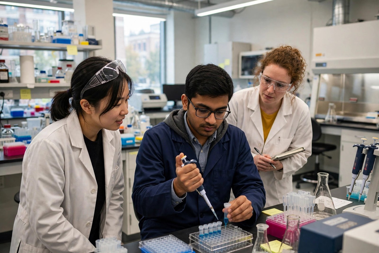 Indian student researcher working in a university laboratory in the USA