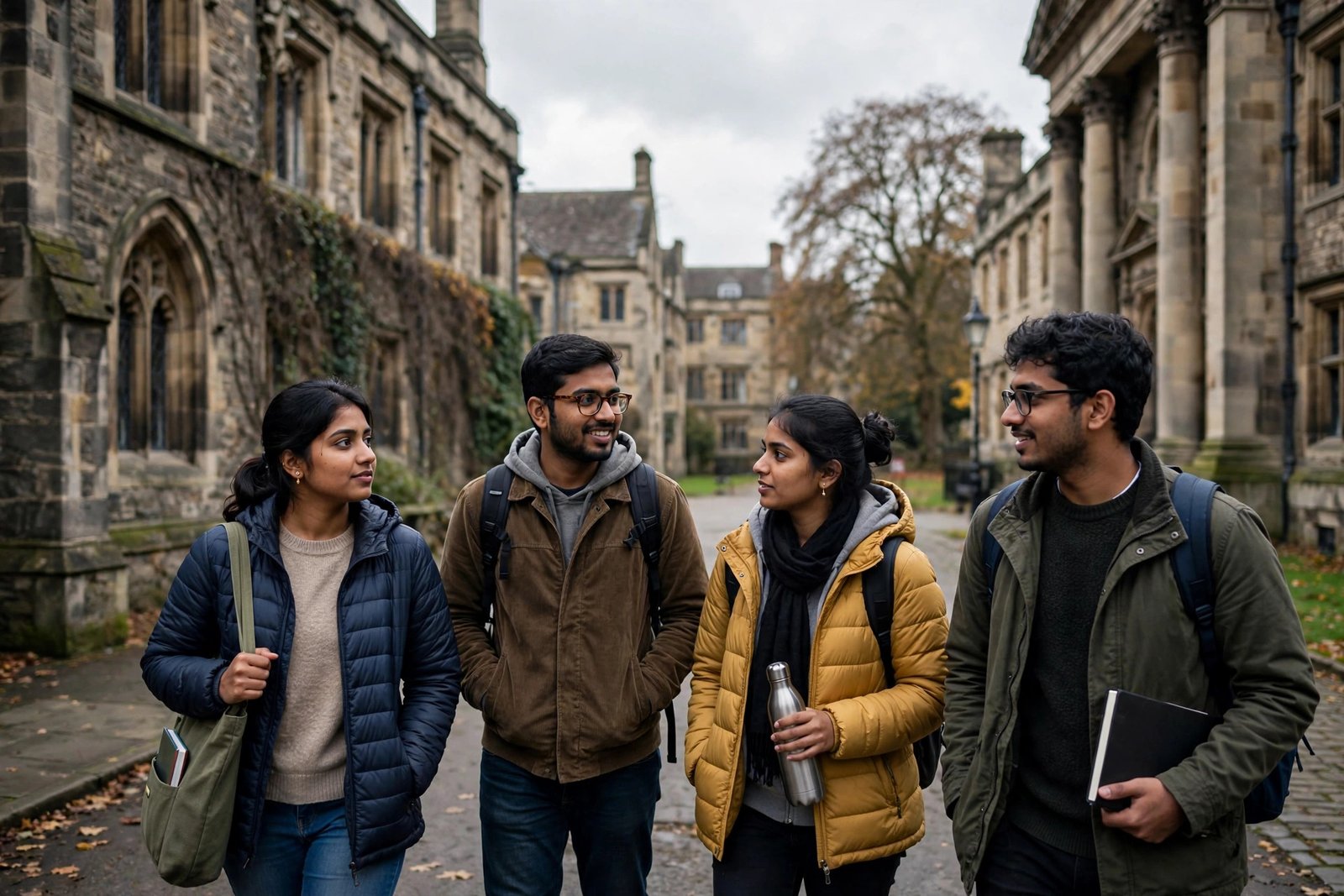 Indian postgraduate students outside historic university buildings in the United Kingdom