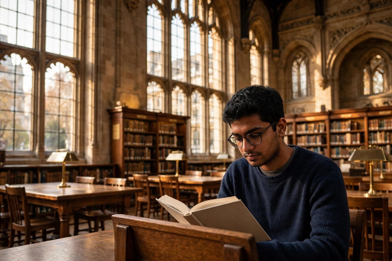 Indian student reading in a historic university library in London