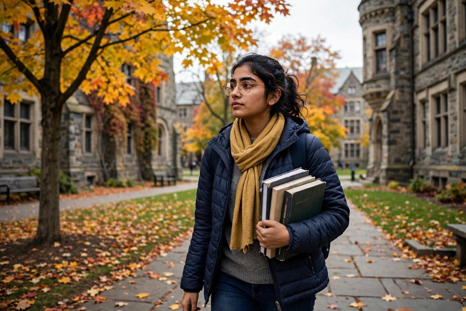 Indian student walking across a Canadian university campus in autumn while researching scholarships for Indian students in Canada