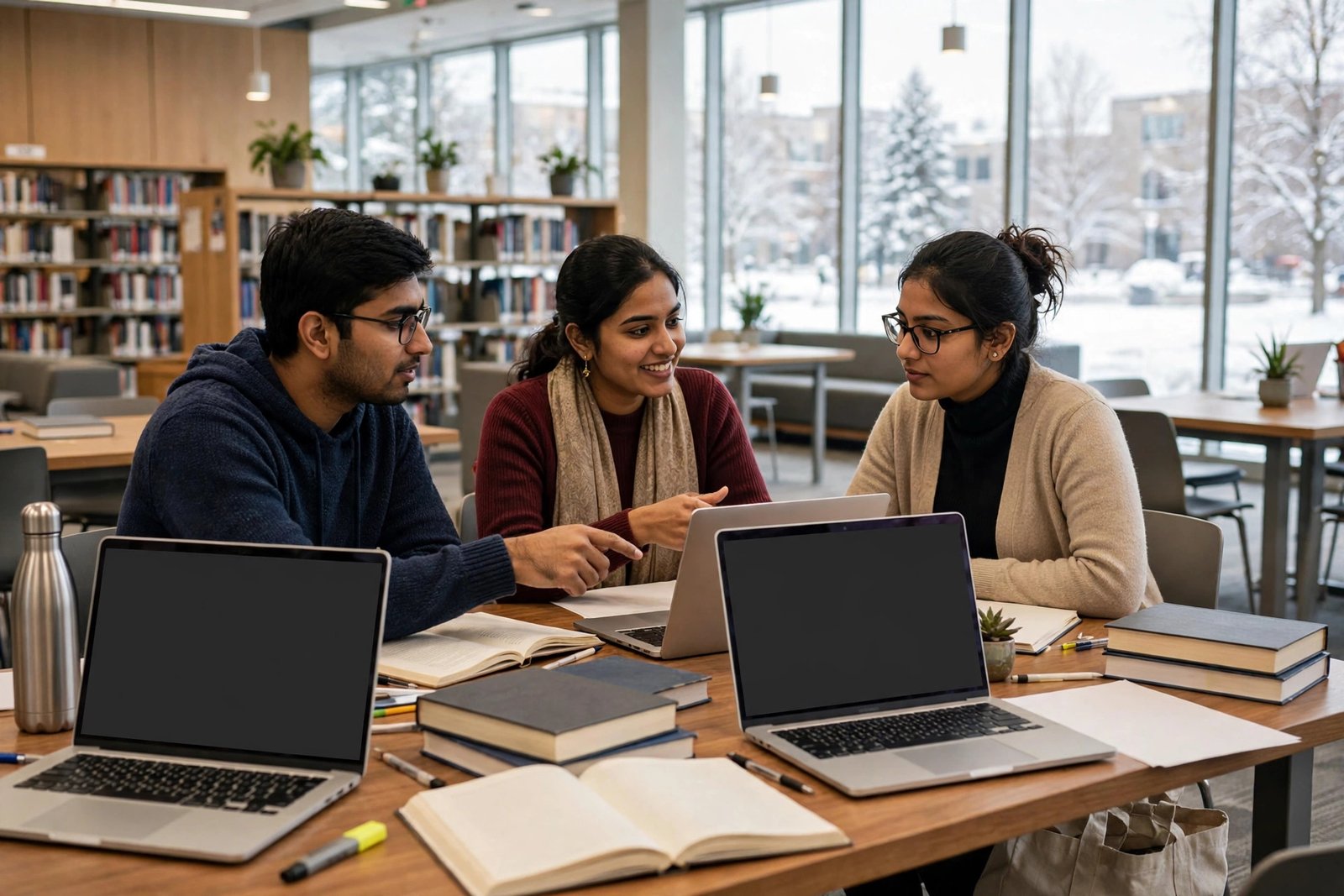 Indian graduate students studying together in a Canadian university library while preparing scholarship applications