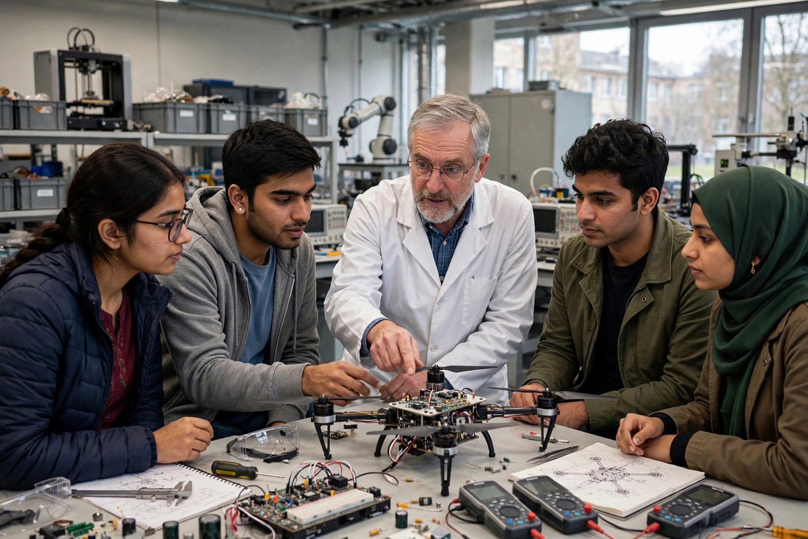 Indian postgraduate students working in a German university laboratory on a funded research project