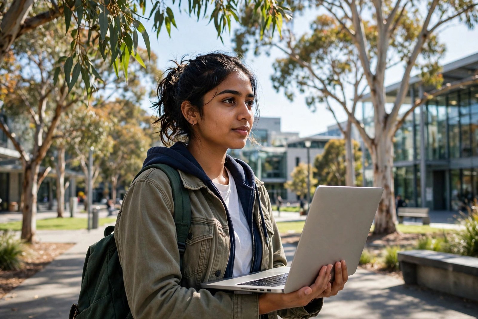 Indian student on an Australian university campus in Melbourne while researching scholarships for Indian students in Australia