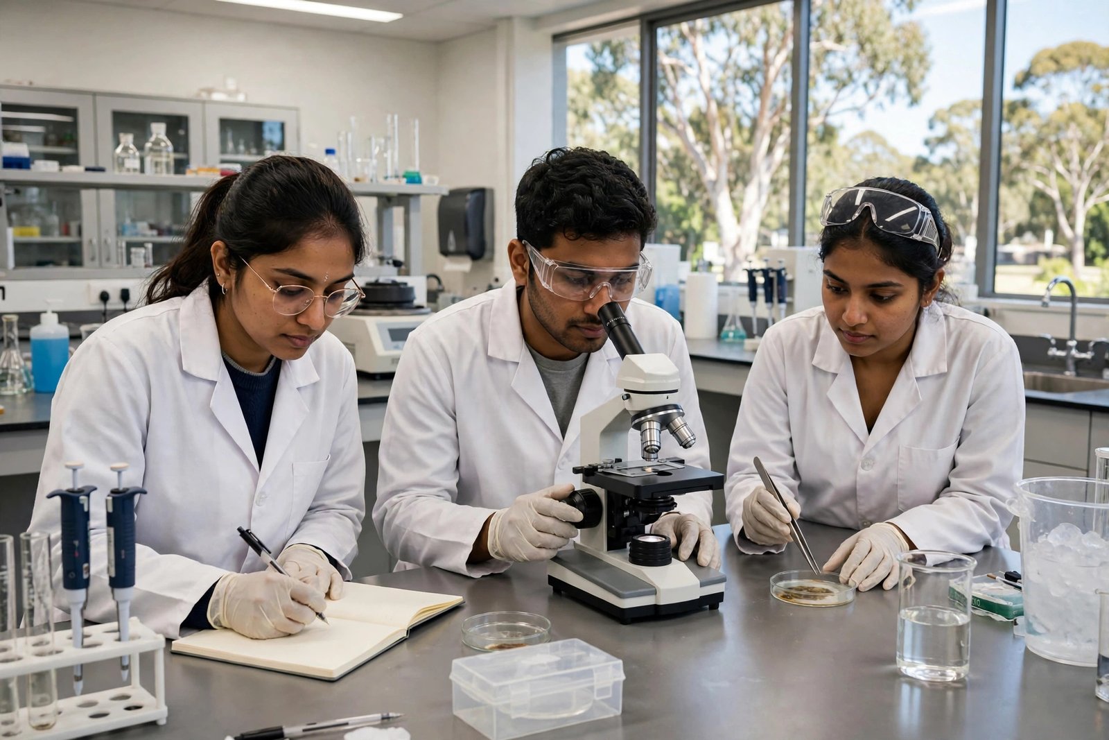 Indian research students working in an Australian university science laboratory on an RTP-funded project