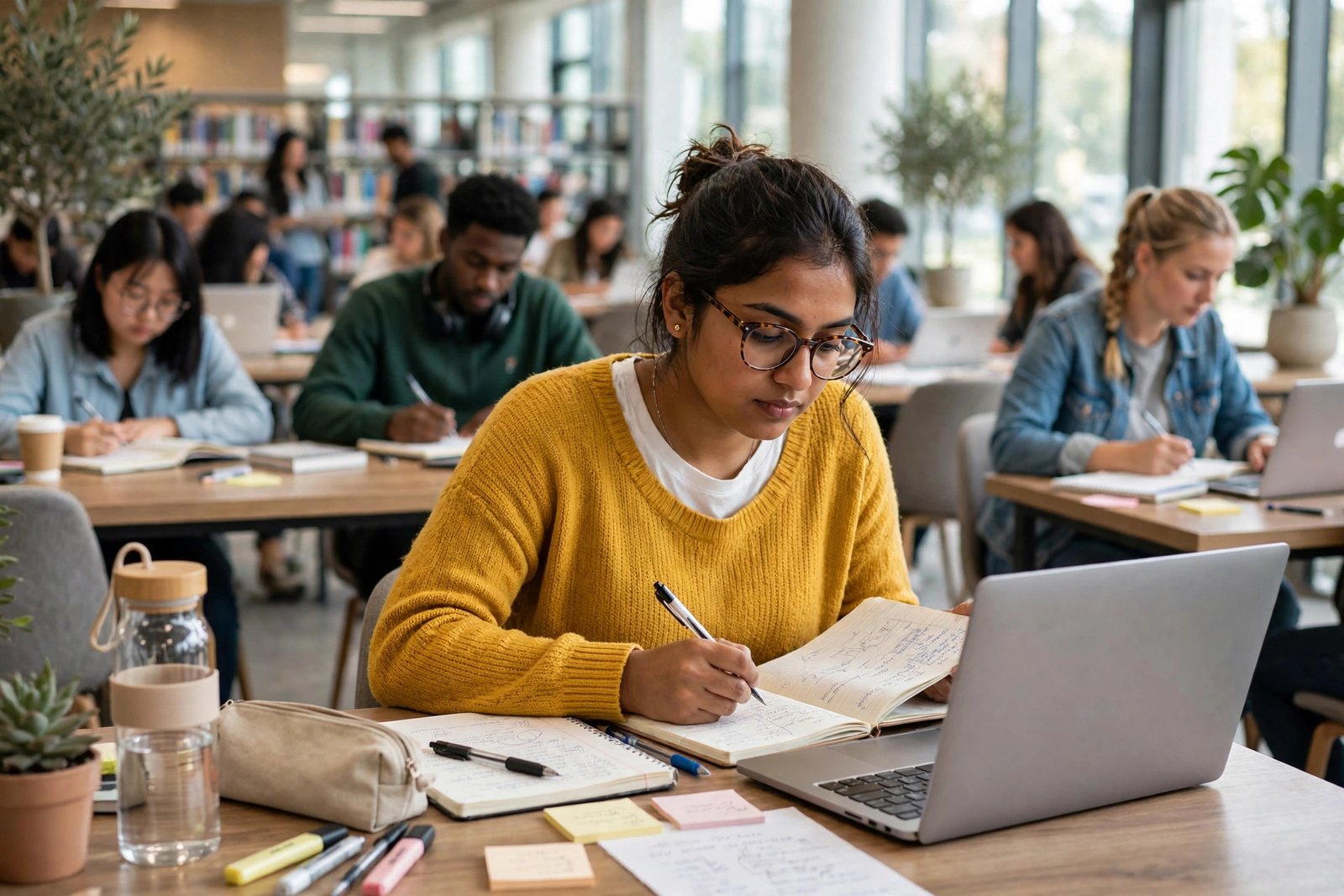 Indian graduate student researching fully funded scholarships in a university library