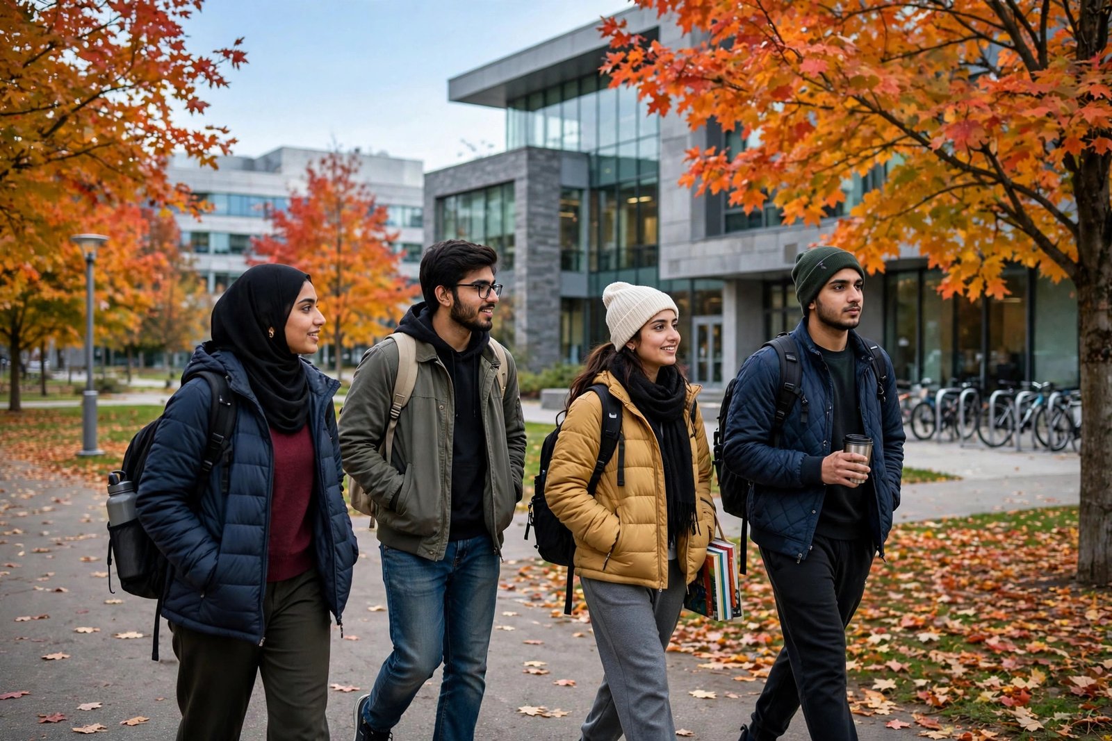 Pakistani students arriving at a Canadian university campus to study on scholarships