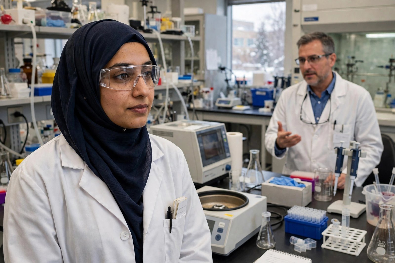 Pakistani doctoral researcher working in a Canadian university laboratory on a funded PhD
