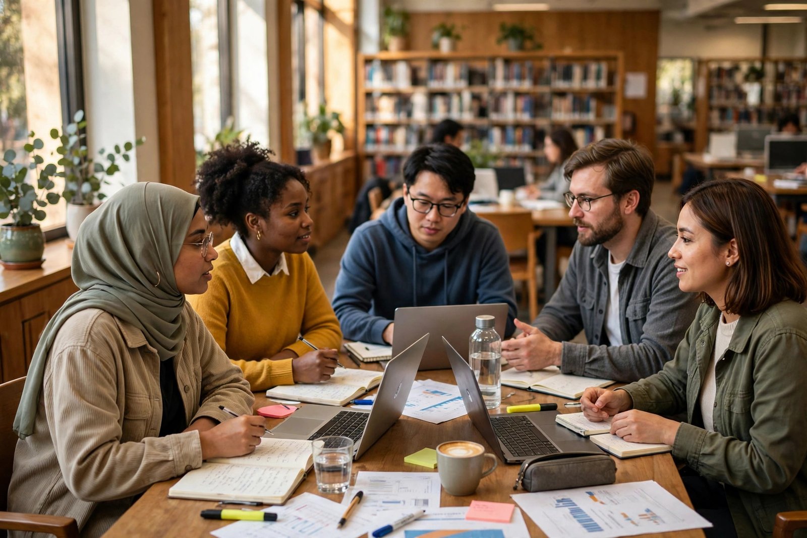 Postgraduate students discussing research in a bright Australian university library