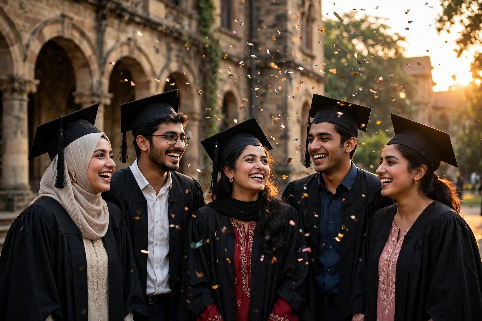 Pakistani graduates in caps and gowns celebrating a fully funded scholarship success