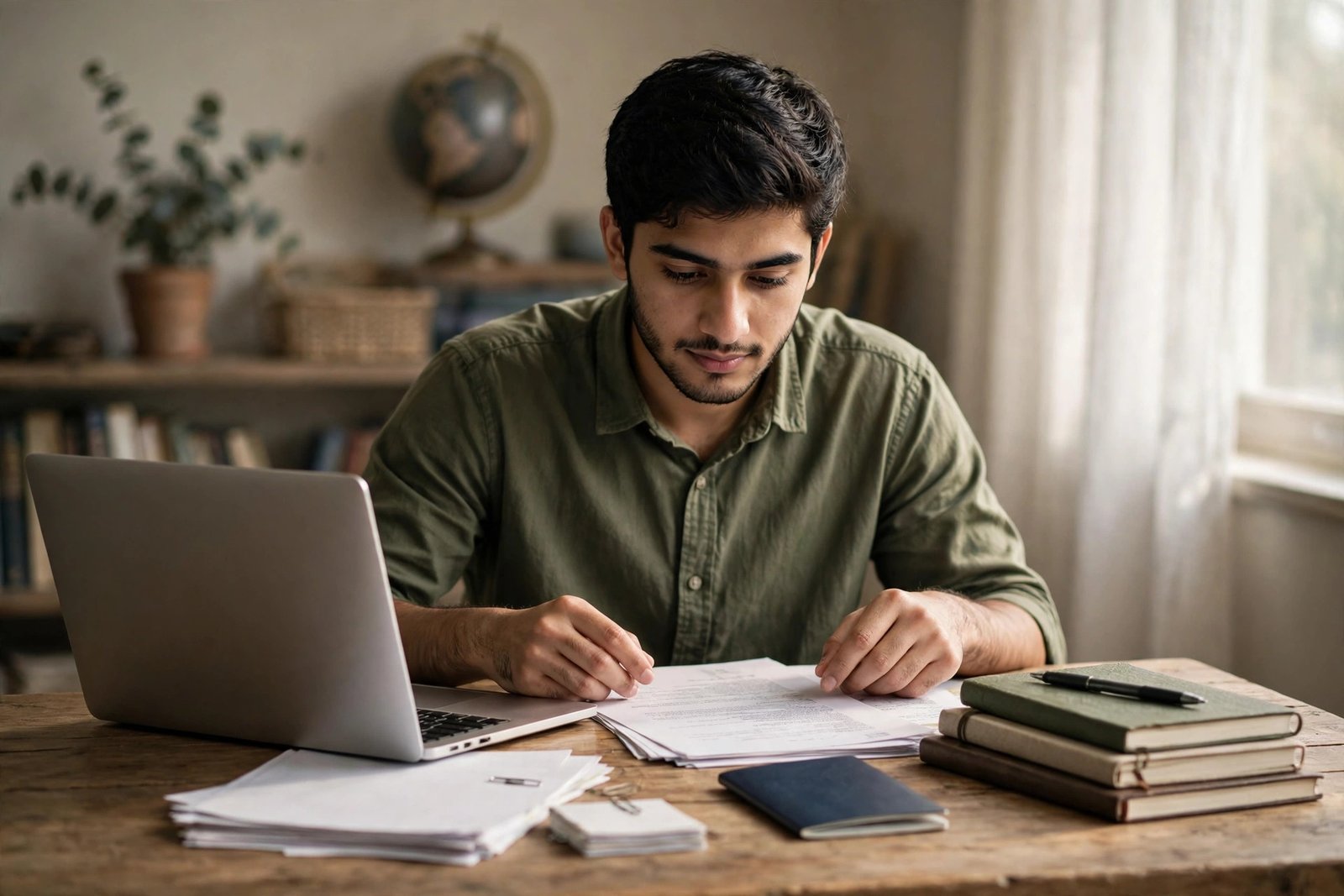 Pakistani scholar preparing fully funded scholarship application documents at a desk