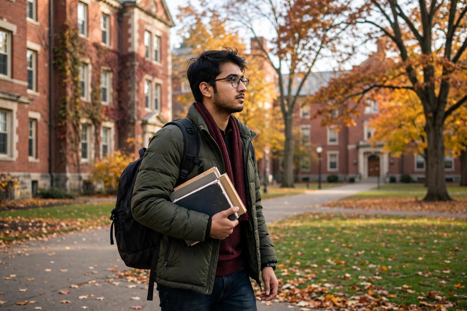 Nepali graduate student walking across a classic American university campus in autumn
