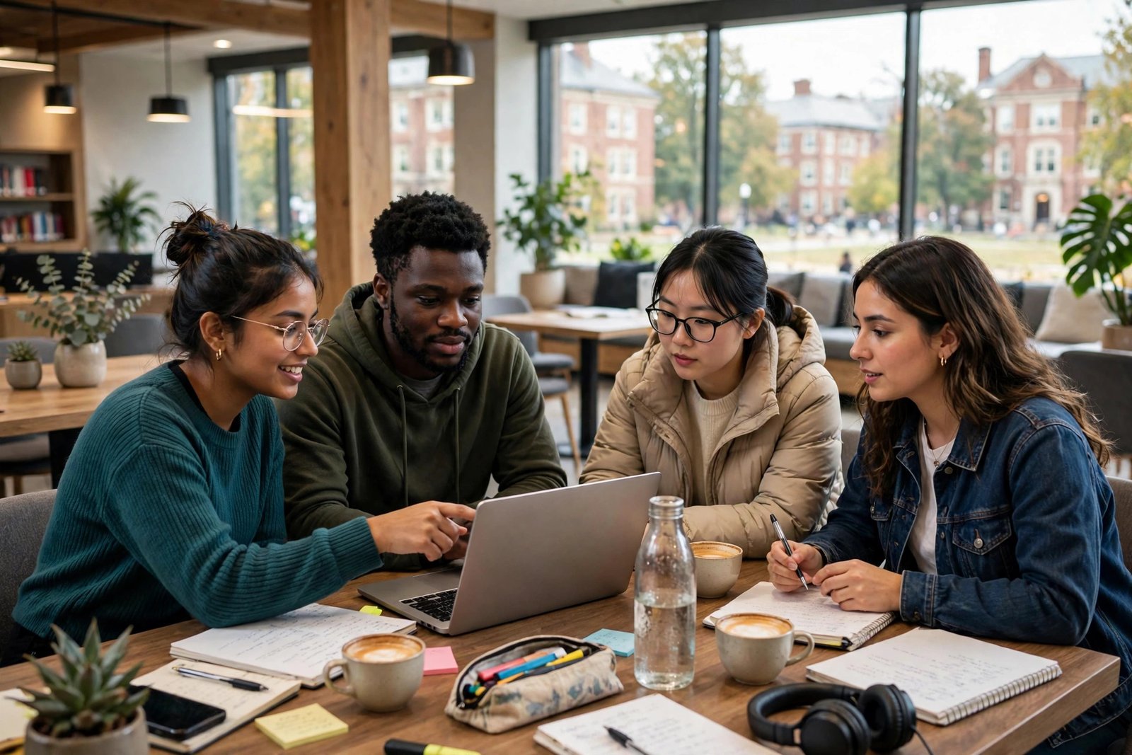 International students collaborating in a modern American university study lounge