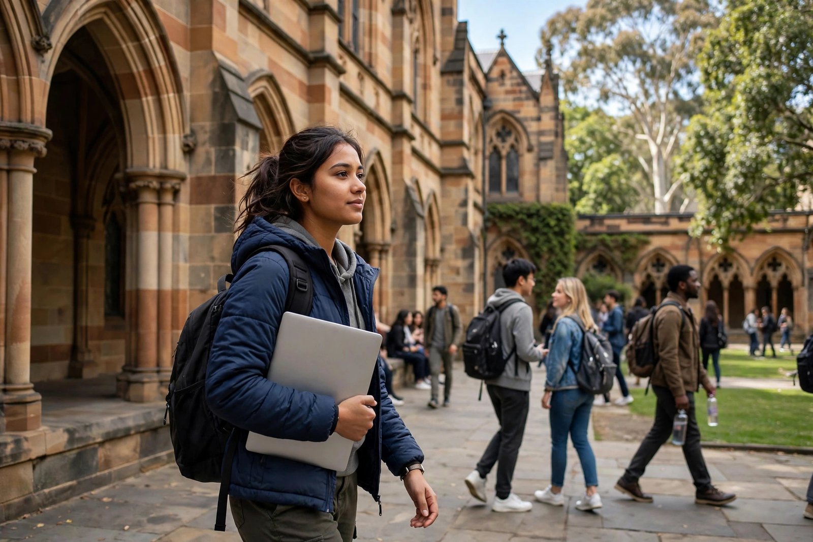 Nepali student walking across a historic university campus in Melbourne, Australia