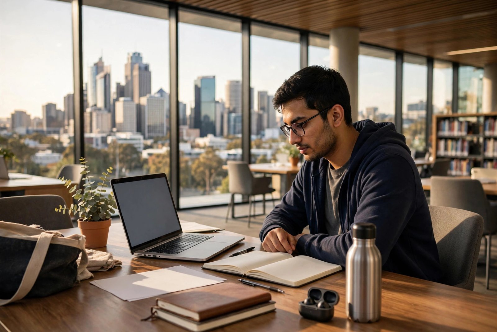 Nepali postgraduate student studying in a modern Australian university library