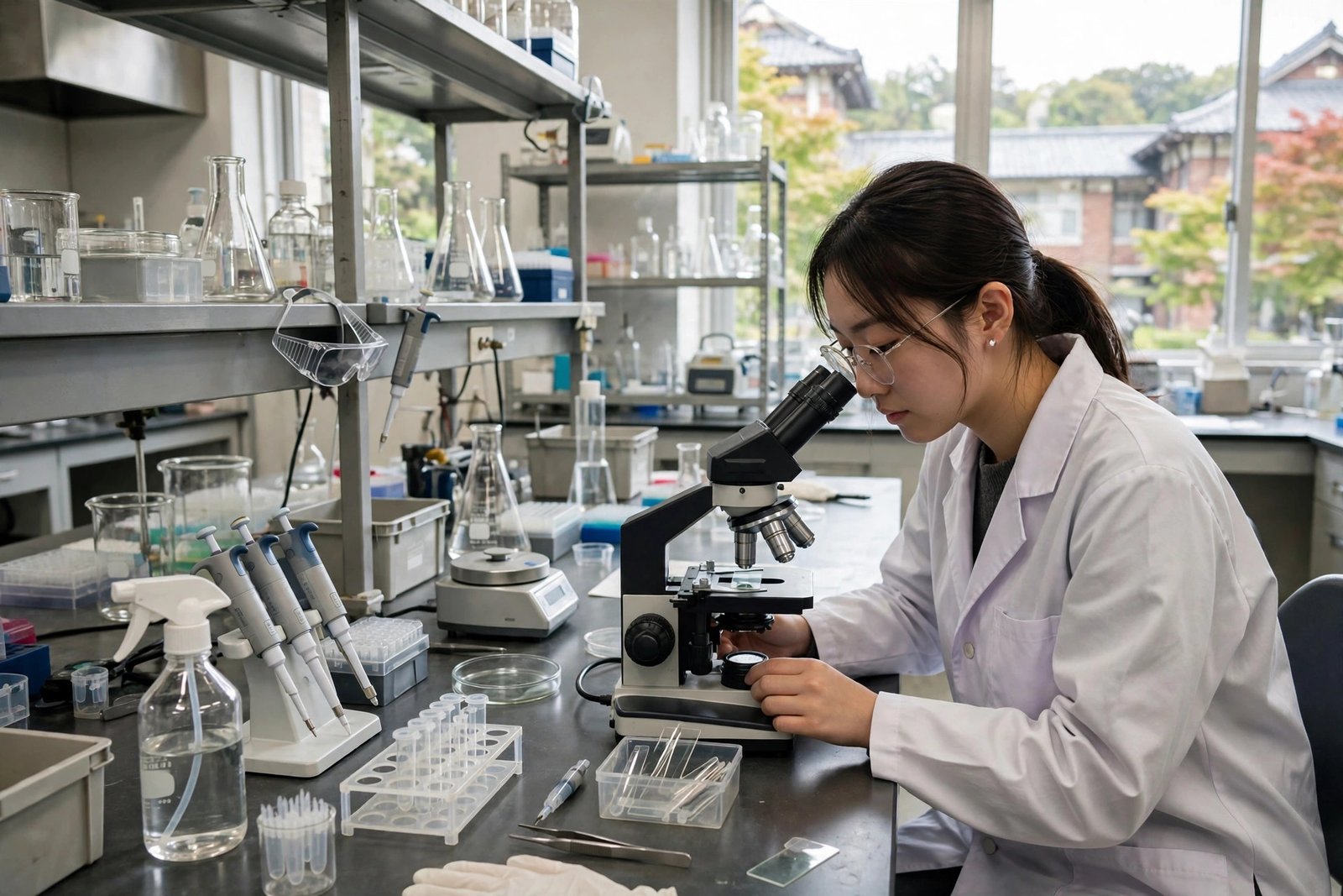 Graduate research student working in a Japanese university laboratory