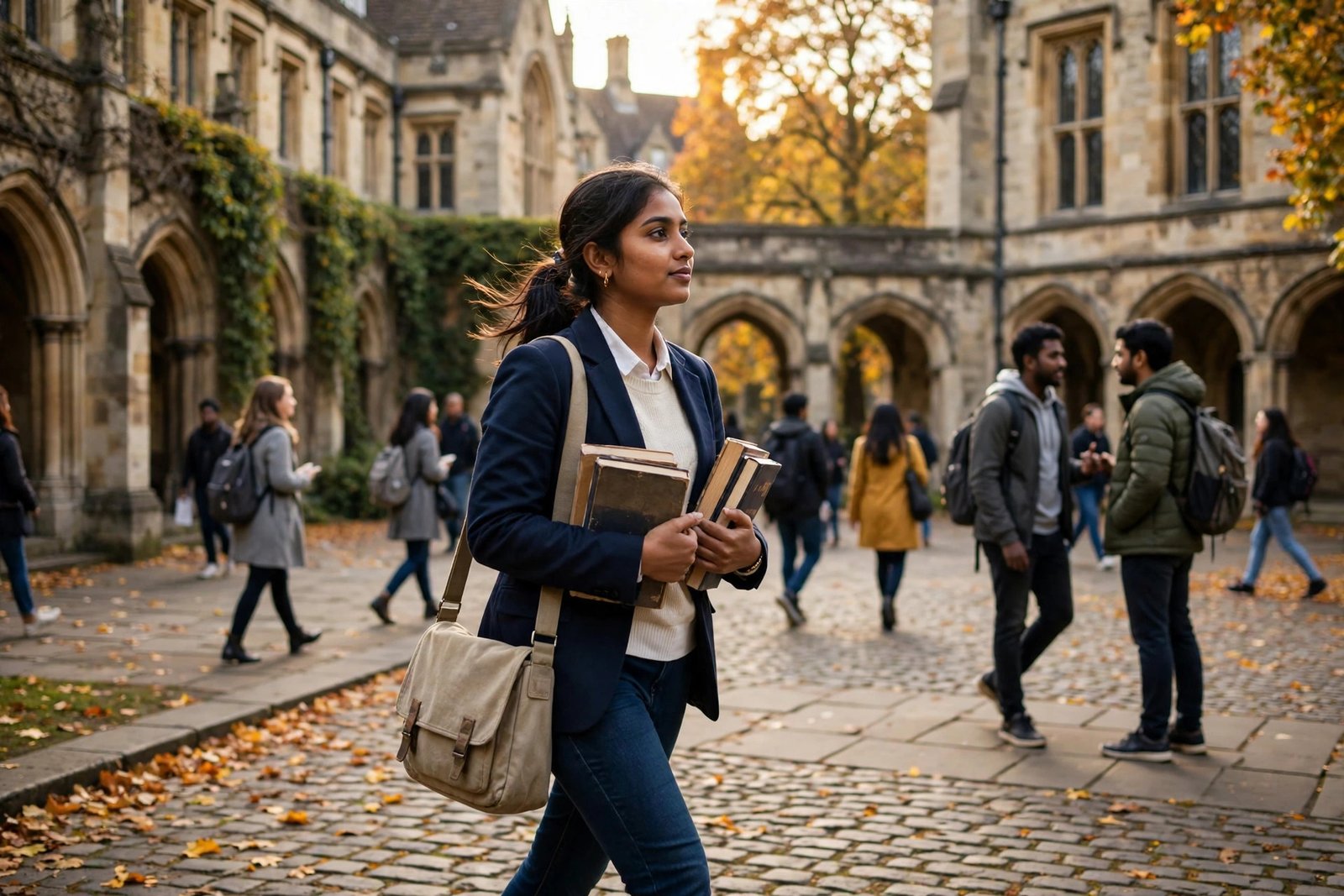 Sri Lankan postgraduate student walking across a historic UK university quadrangle with books