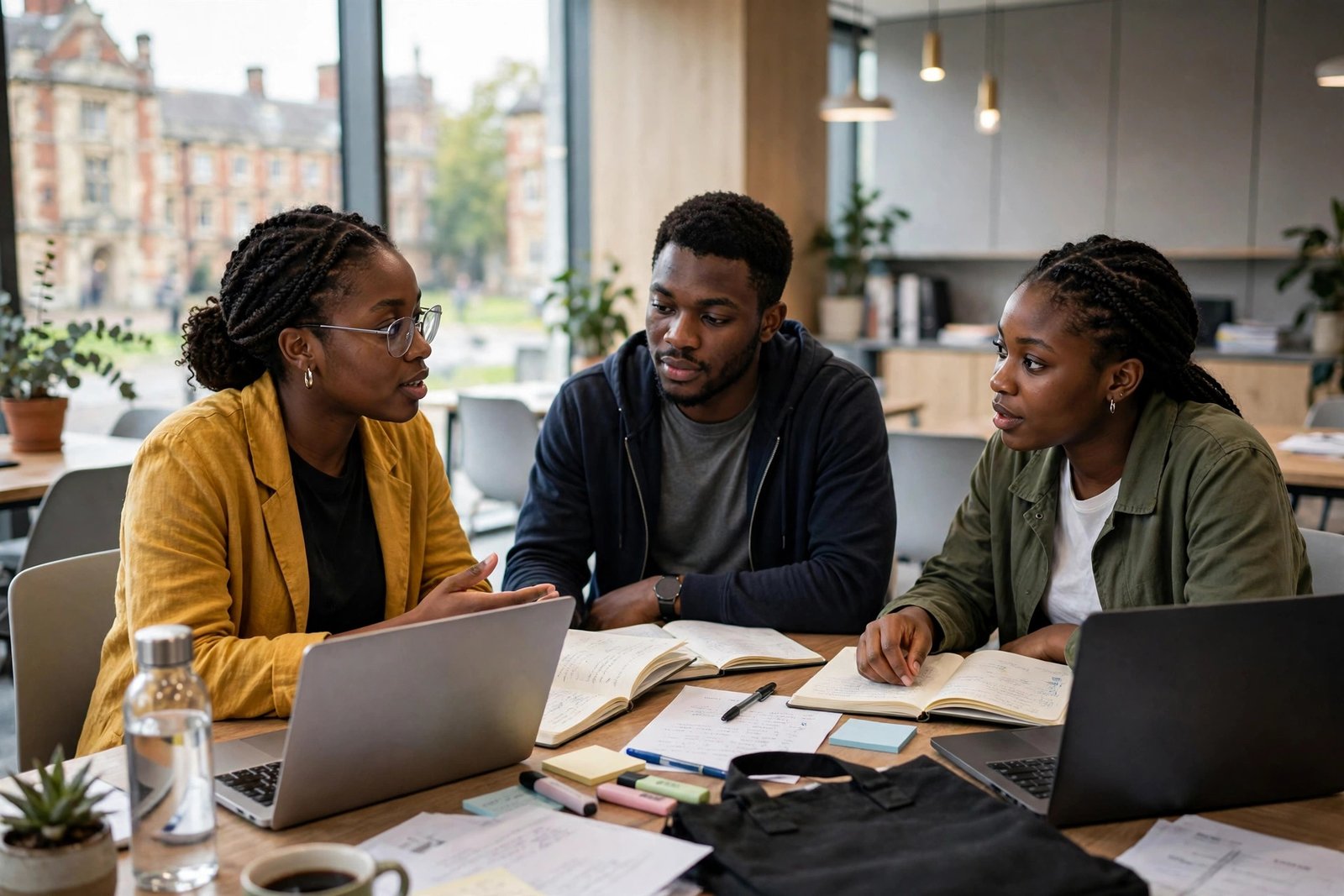 Nigerian graduate students discussing coursework in a UK university study space