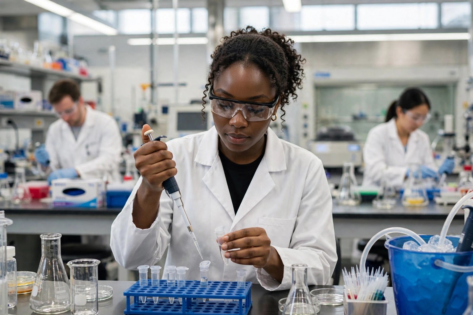 Nigerian graduate researcher working in an American university laboratory