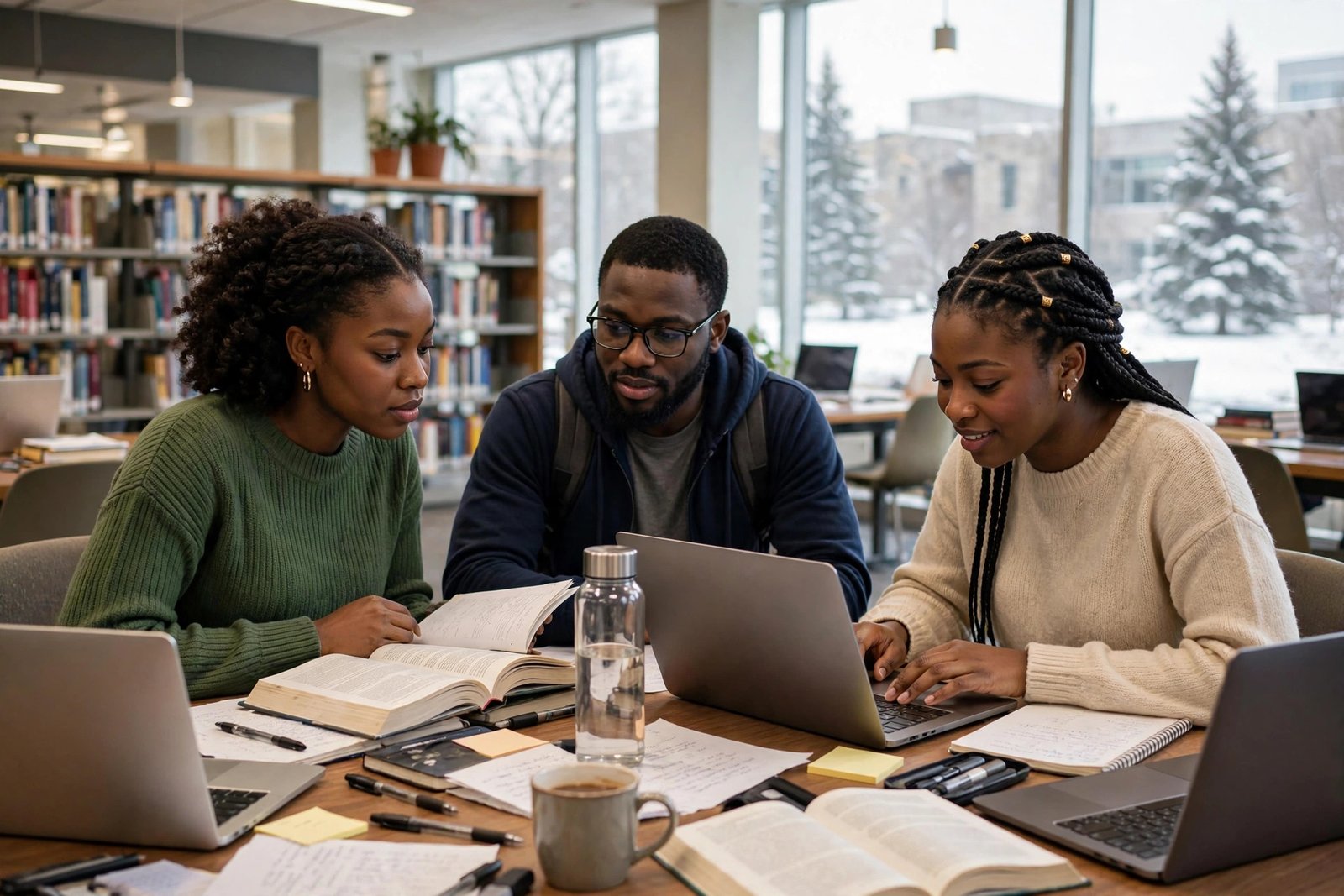 Nigerian graduate students studying together in a Canadian university library