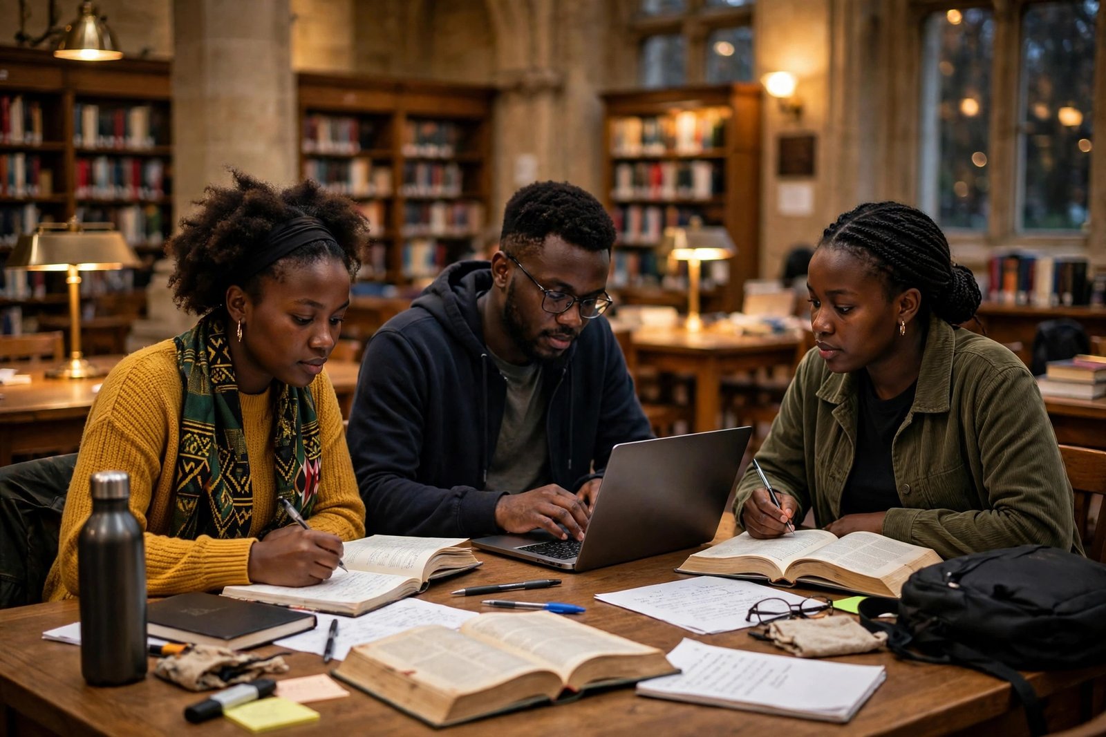 Kenyan students studying together in a UK university library