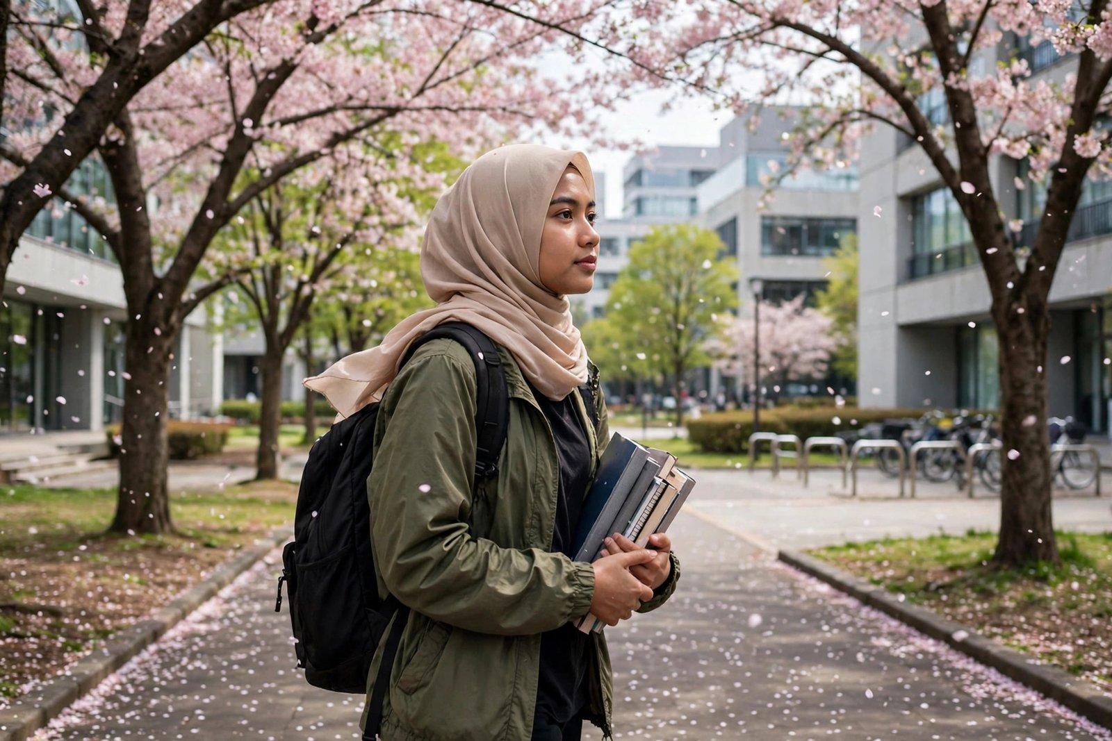 Indonesian student walking across a Japanese university campus with cherry blossoms, scholarships for Indonesian students in Japan