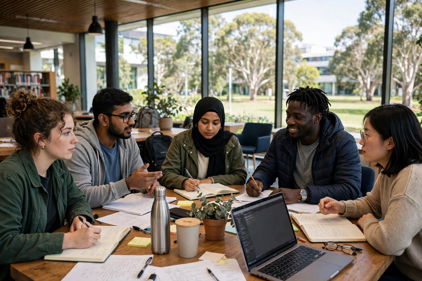 Graduate students collaborating in an Australian university library, Indonesian scholarship students in Australia