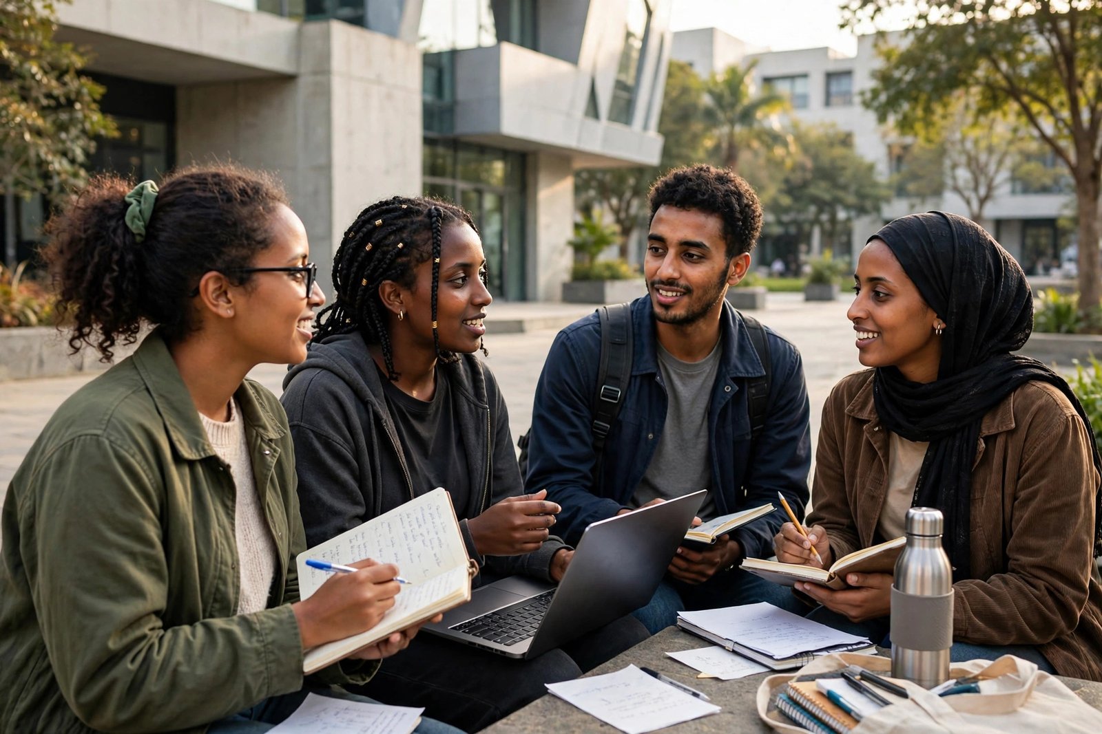 Ethiopian students discussing fully funded scholarship options for Ethiopian students abroad