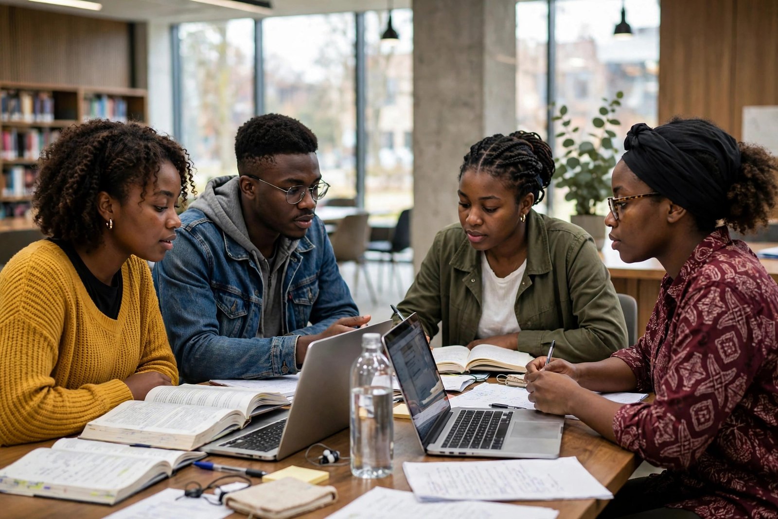 African students studying together in a university library on scholarships for African students