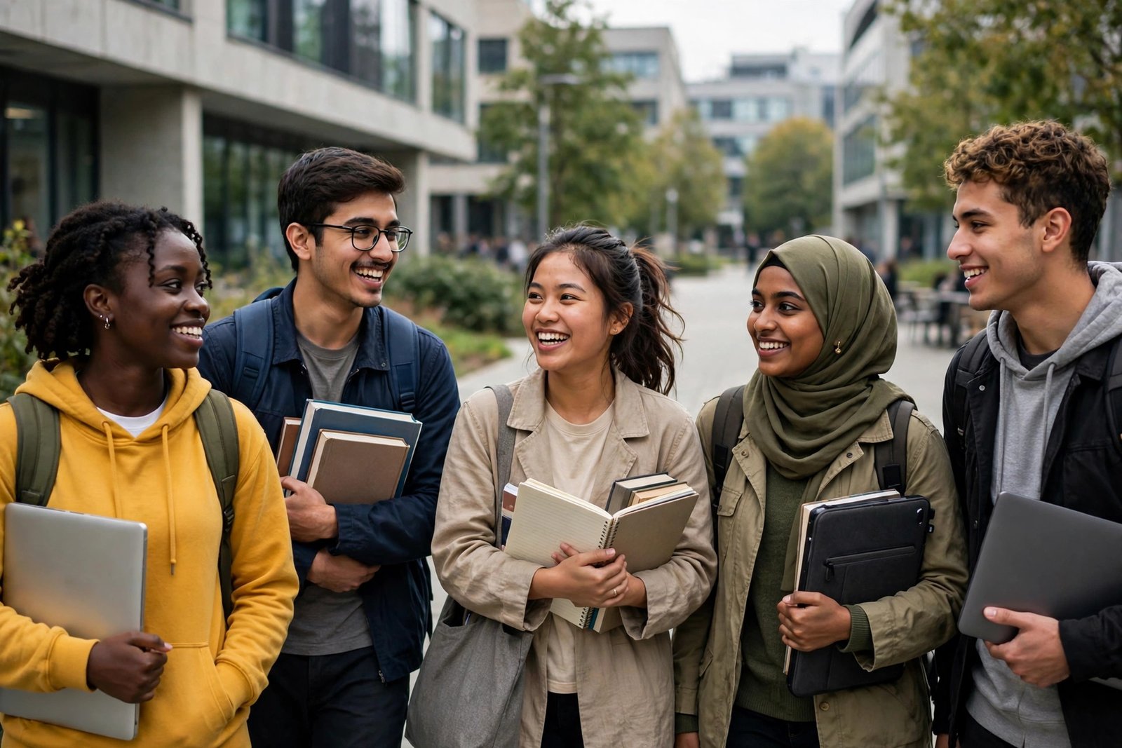 International students from developing countries walking across a university campus with scholarship support