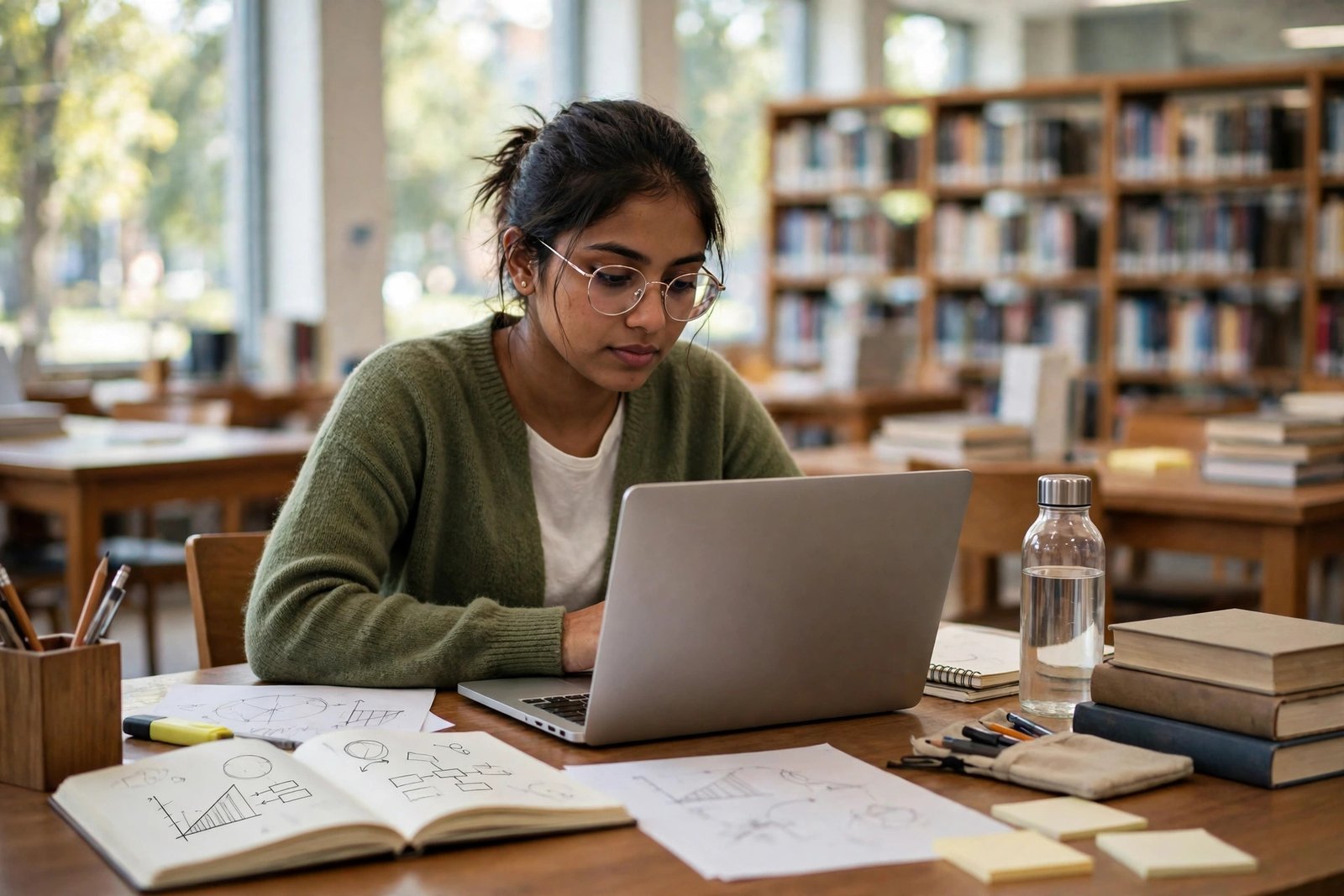 Graduate student from a developing country researching scholarship options in a university library