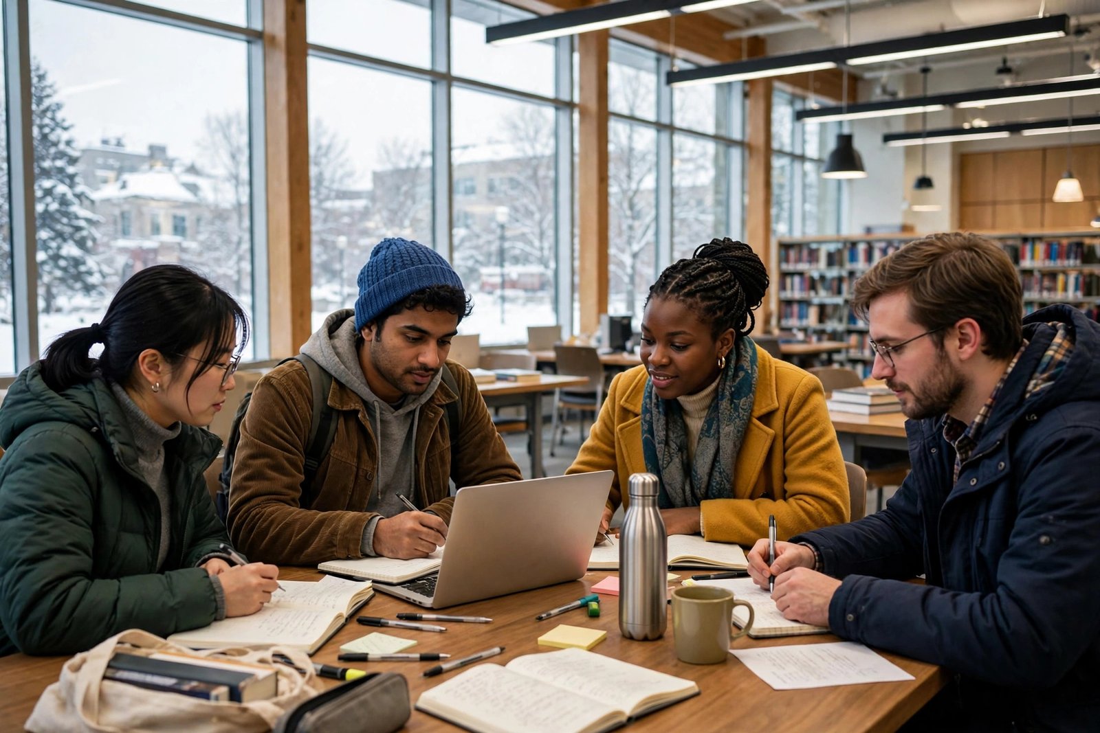 Students studying together in a Canadian university library preparing scholarship applications without IELTS
