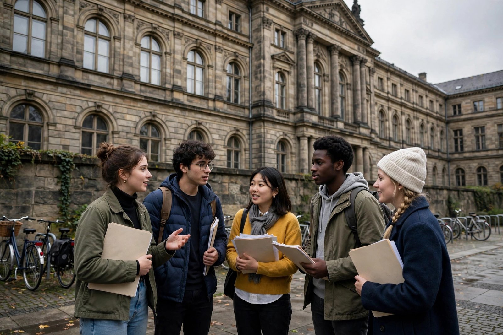 International students outside a historic German university building applying without IELTS with MOI certificate