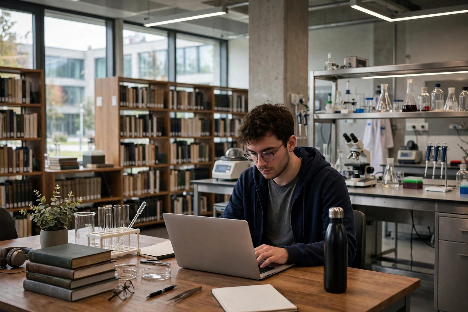 Graduate student researching in a German university library for DAAD scholarship without IELTS
