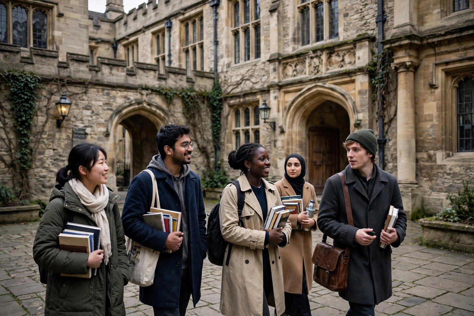 International students in a historic UK university courtyard applying for scholarships without IELTS