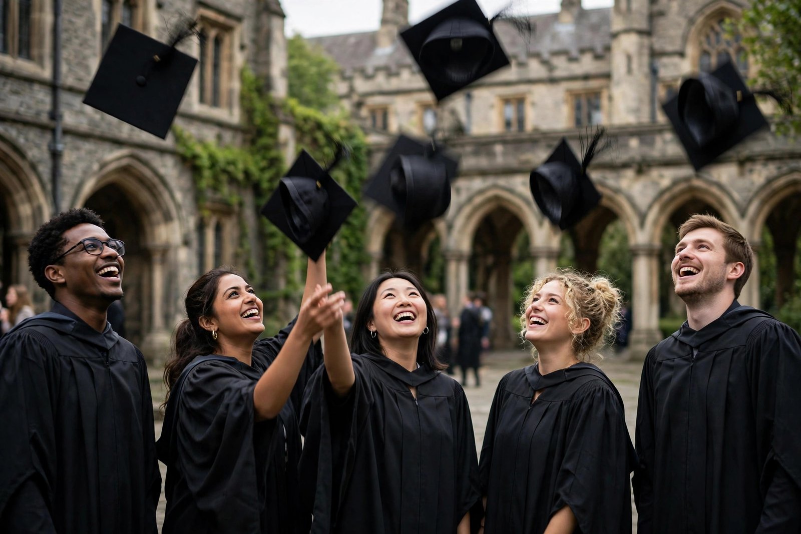 Graduates celebrating at a UK university after winning scholarships without IELTS