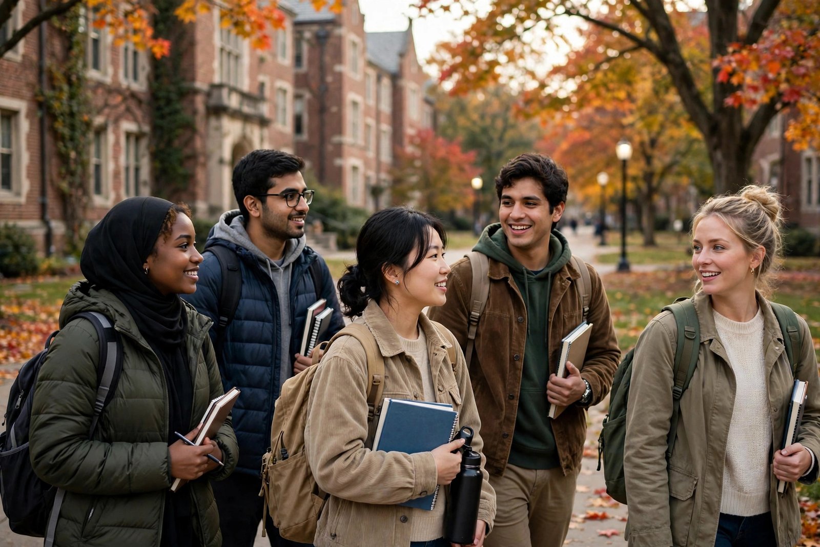 International students walking on a US university campus while researching scholarships without IELTS in USA