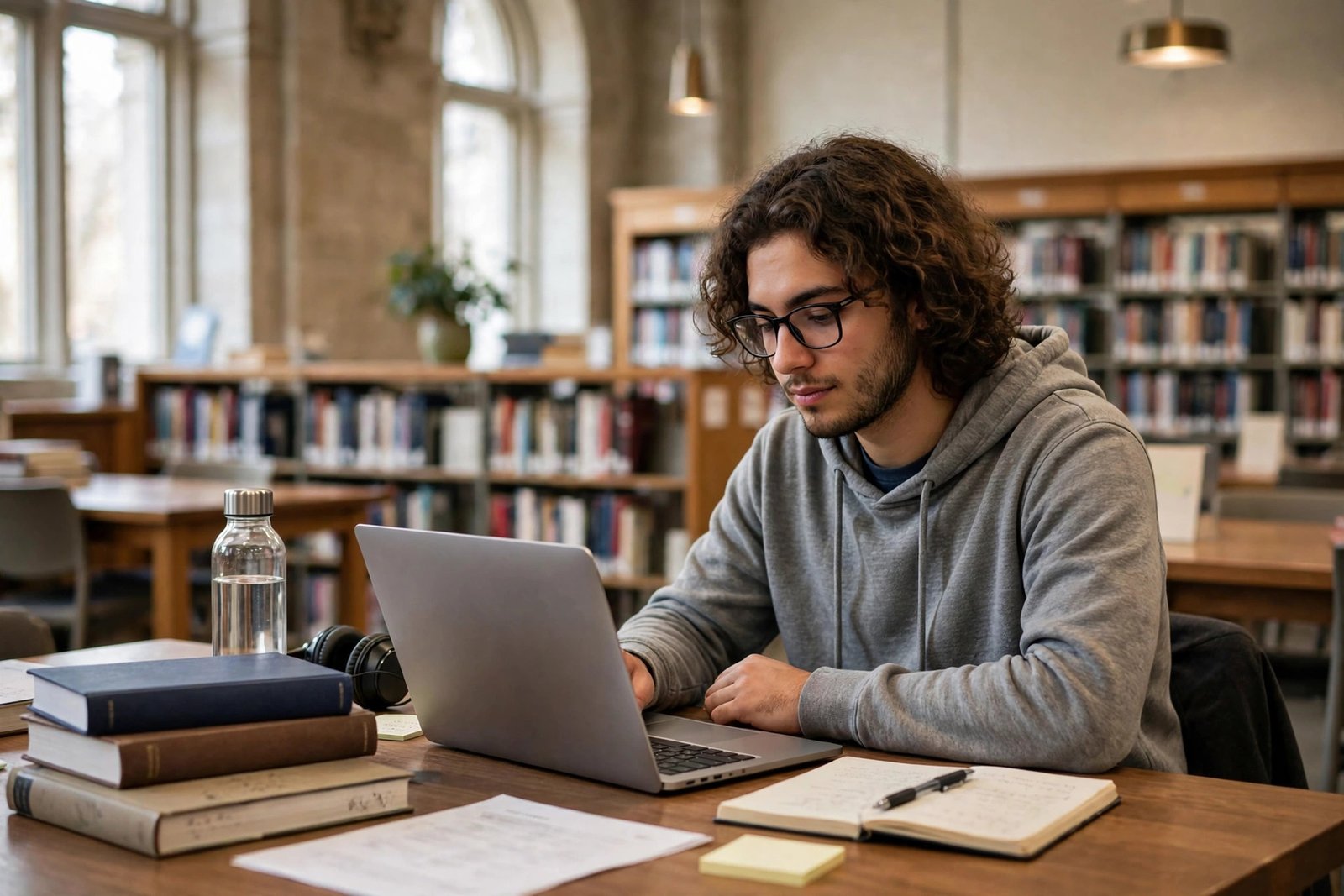 Graduate student studying in a US university library while preparing a fully funded scholarship application without IELTS