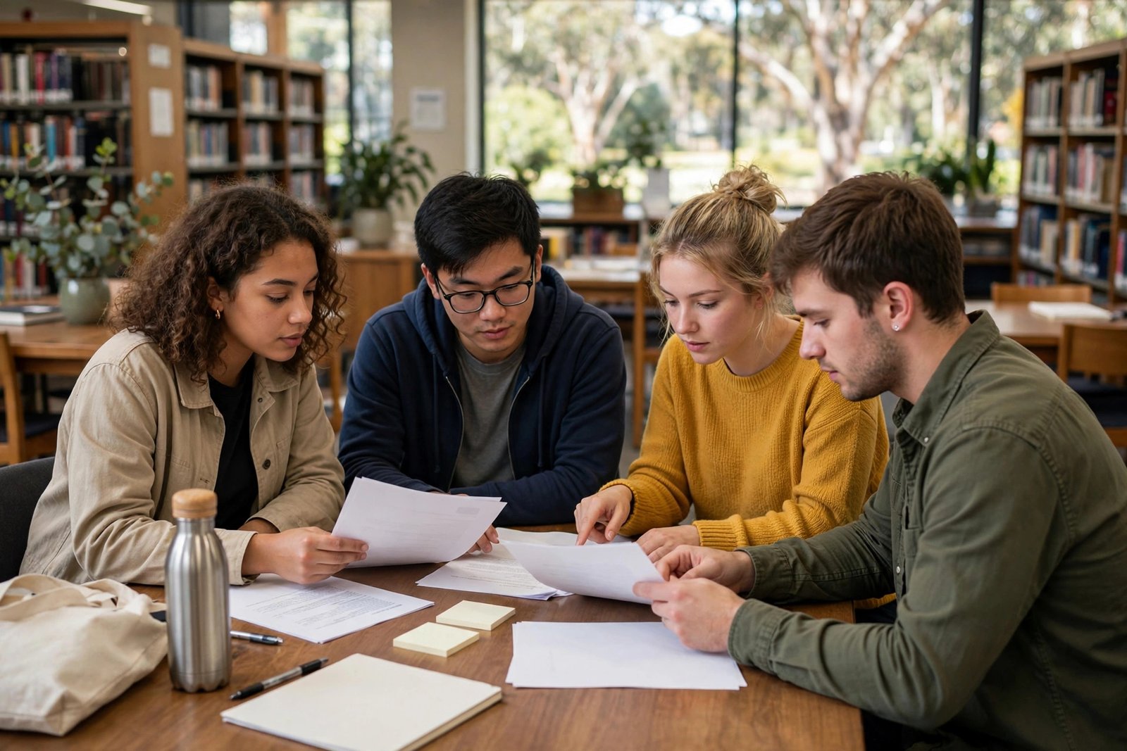Students in an Australian university library preparing PTE and scholarship documents as an IELTS alternative