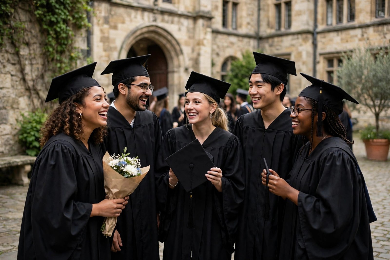 Graduates celebrating at a European university after winning a fully funded scholarship without IELTS