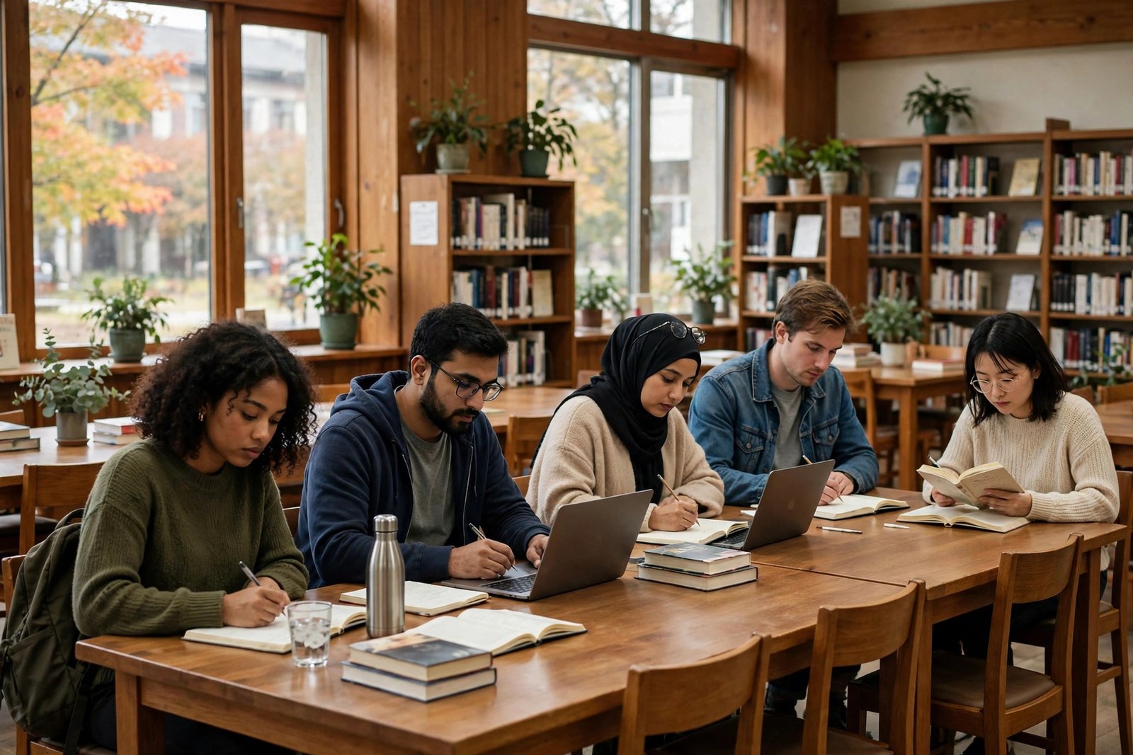 Students studying in a Japanese university library on a scholarship without IELTS