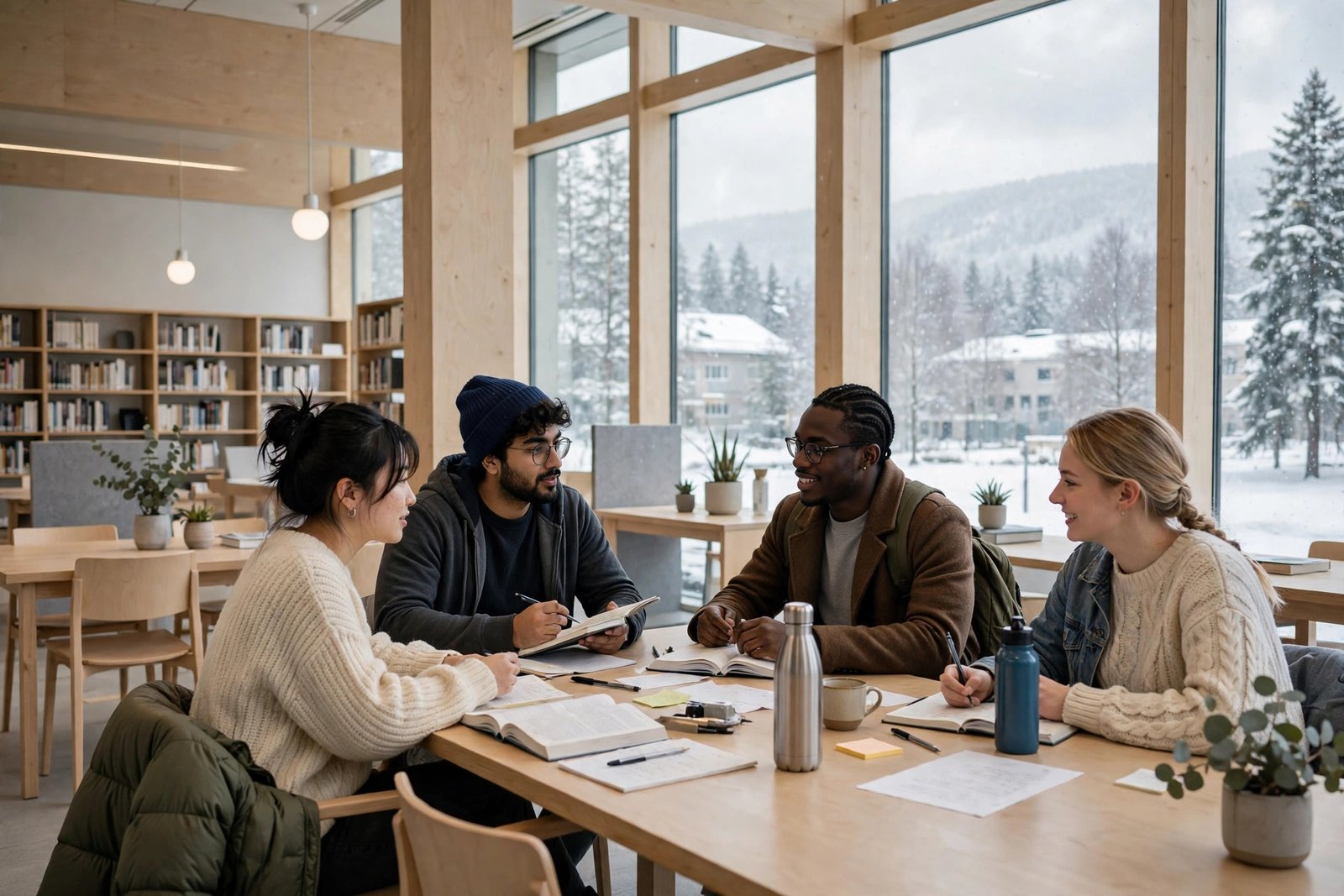 Students studying in a Norwegian university library in winter scholarships Norway