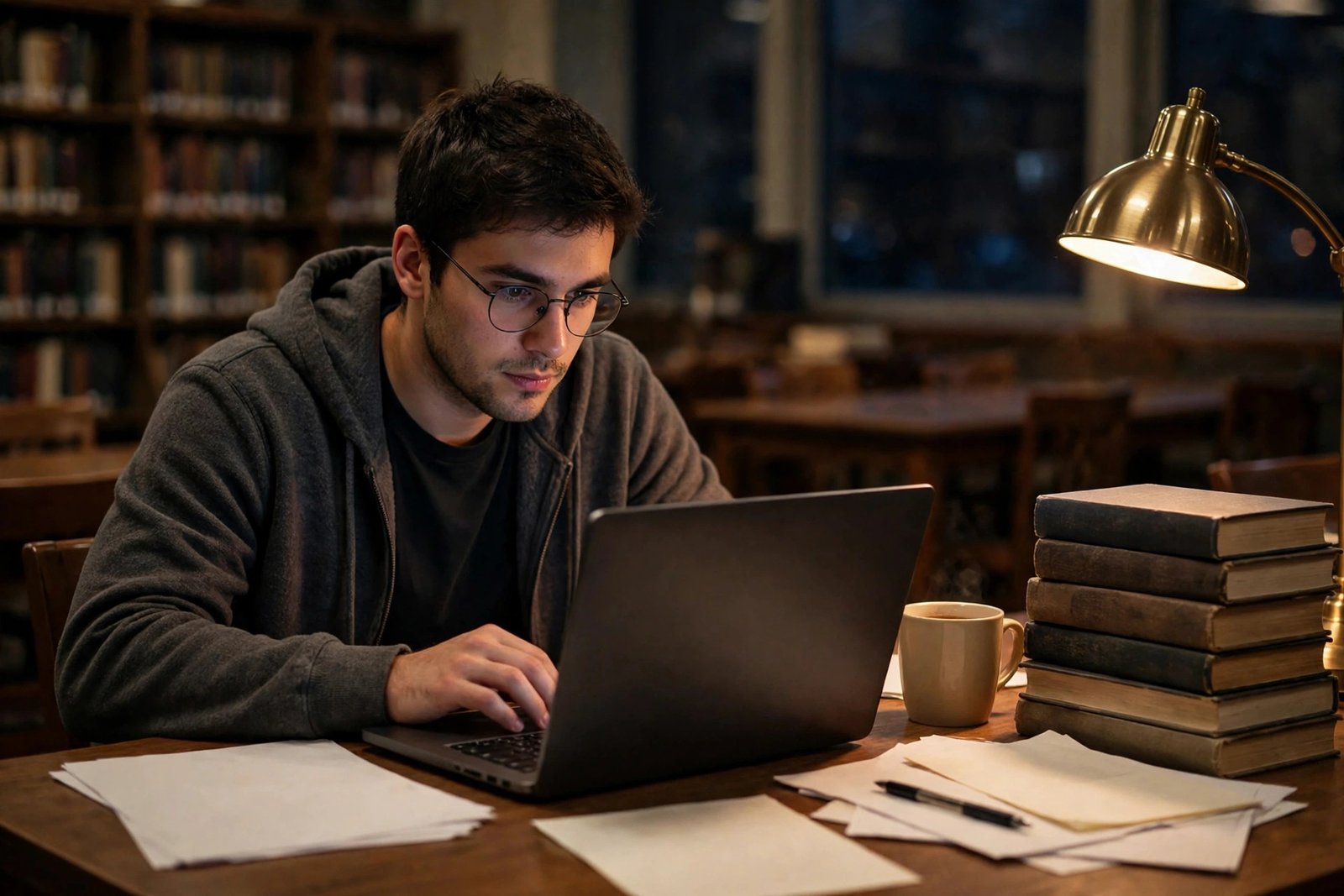Student with low GPA preparing a fully funded scholarship application in a library