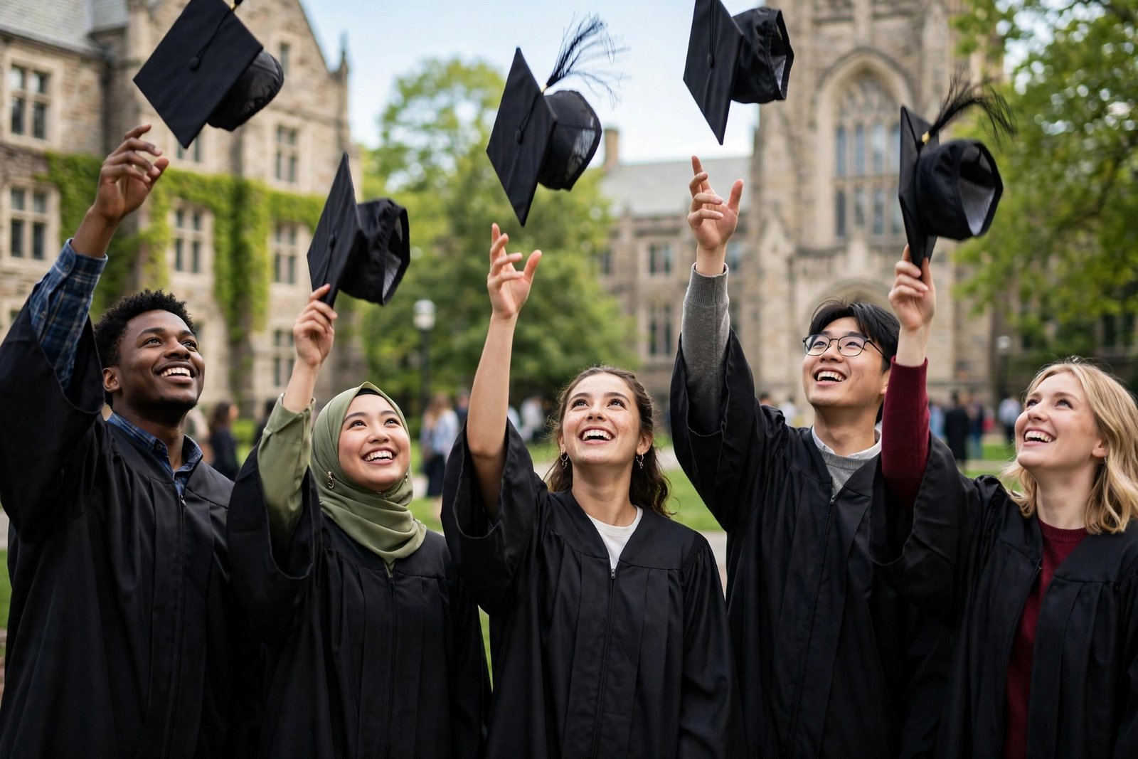 Graduates celebrating at a university graduation ceremony fully funded scholarship success