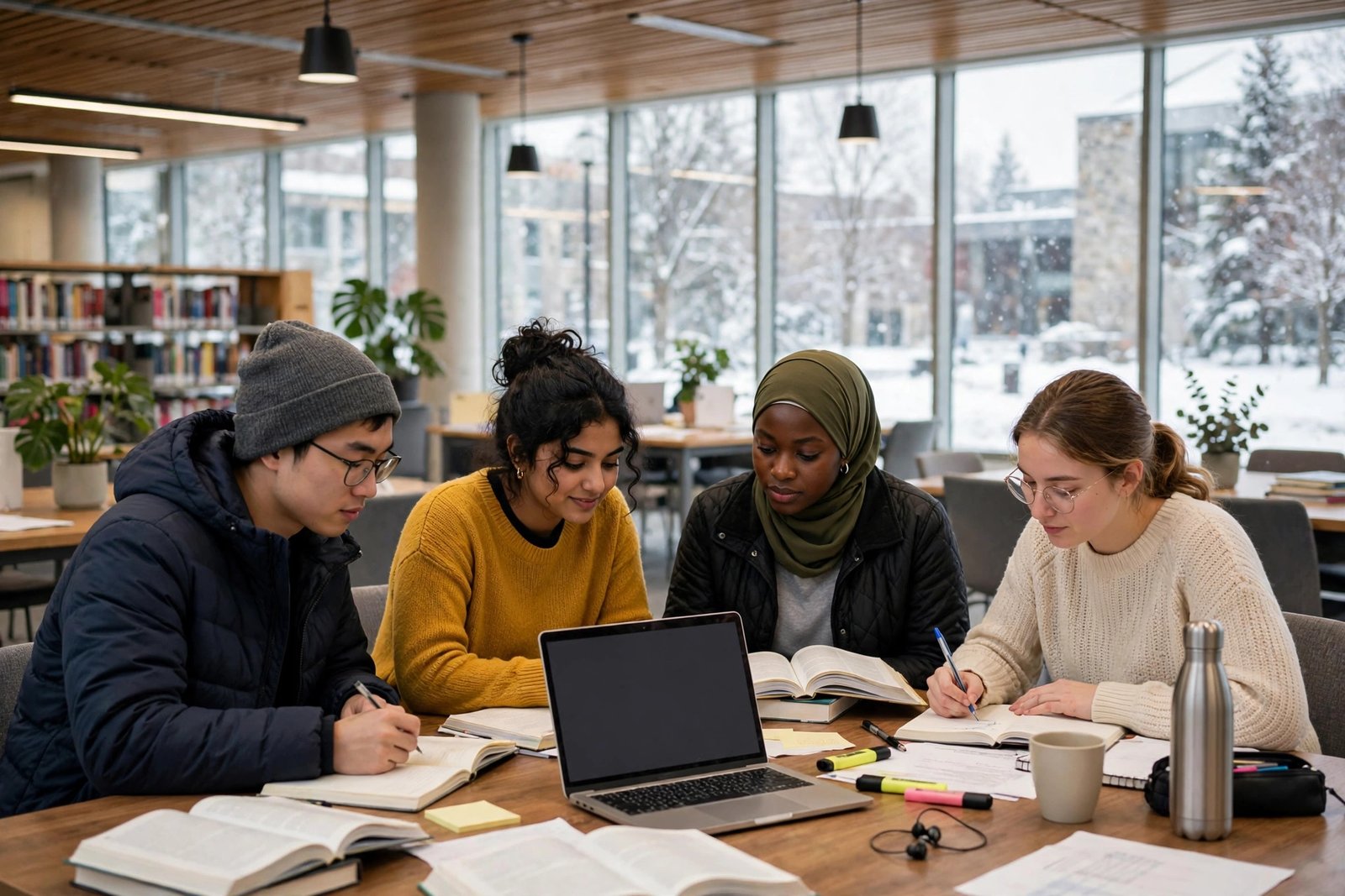 International students with lower GPAs studying together in a Canadian university library