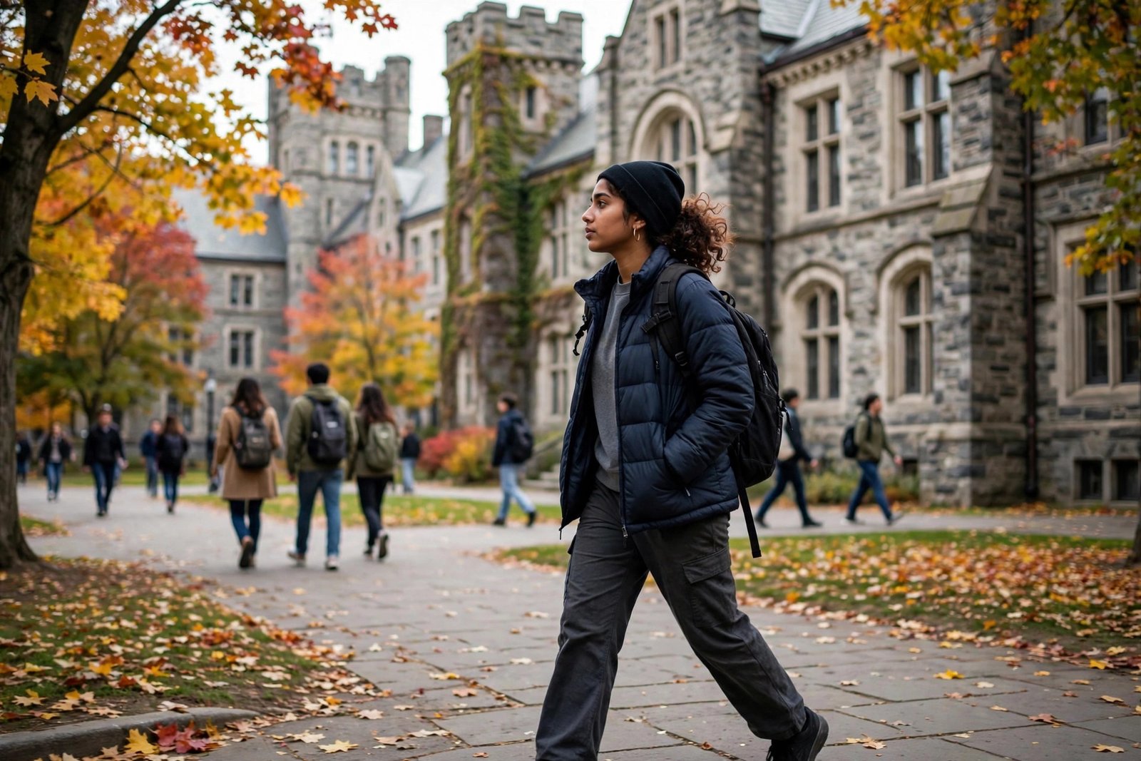 Student walking across a Canadian university campus in autumn