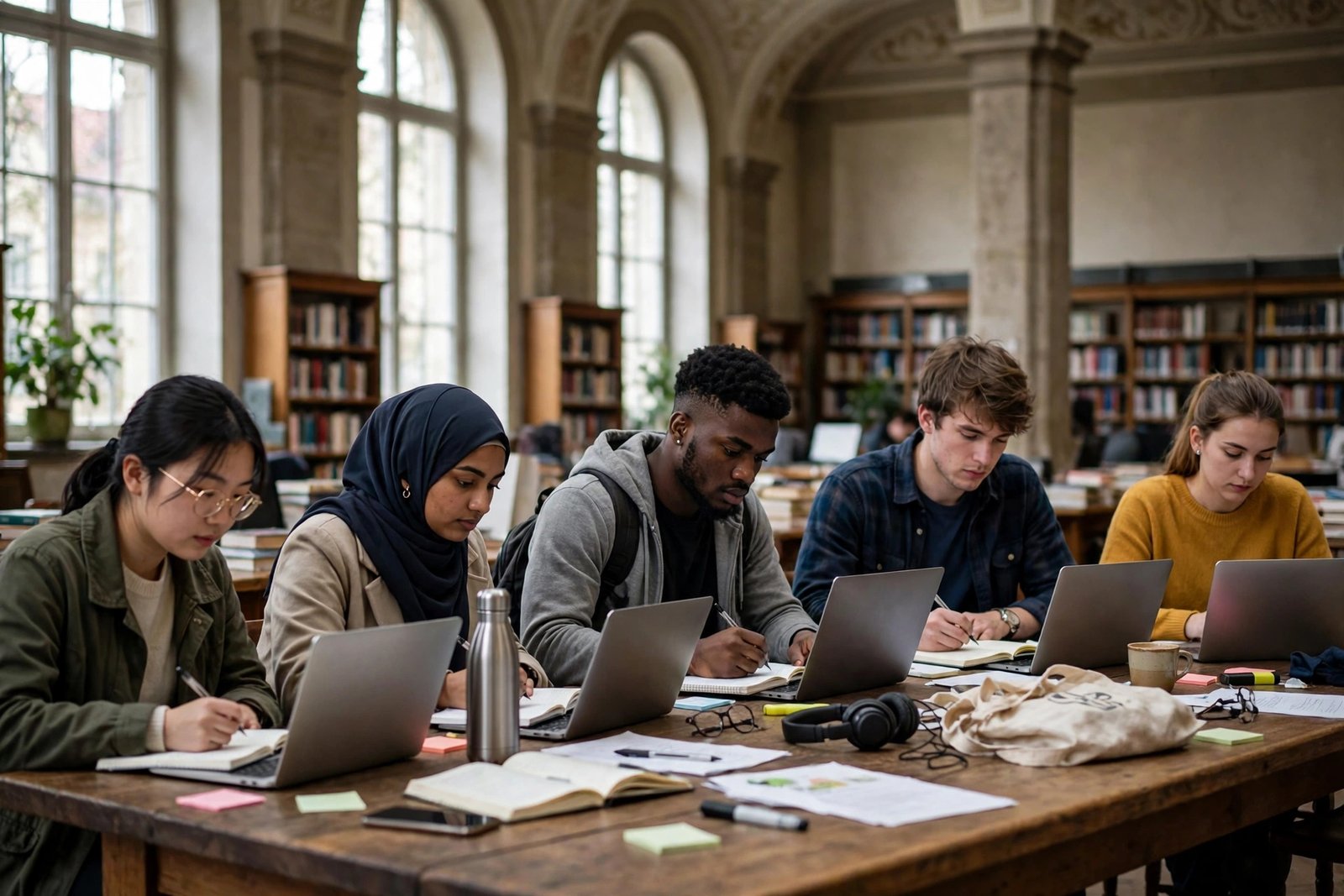 International students studying in a European university library
